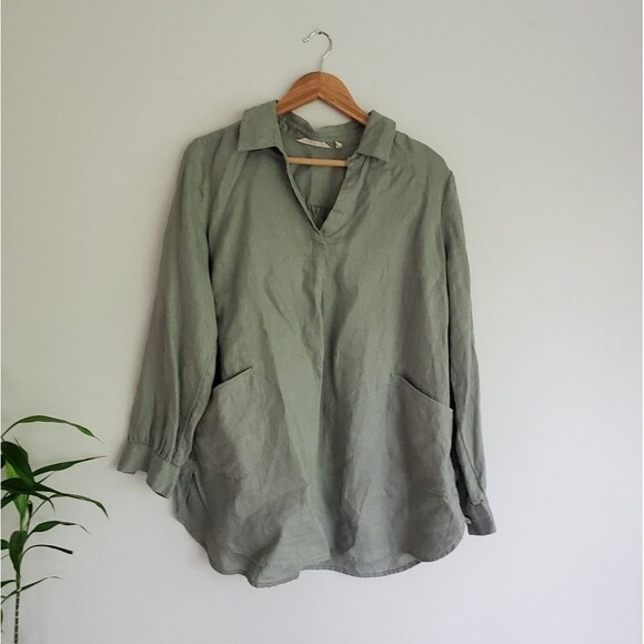 Soft Surroundings 100% Linen Light Green Long-Sleeve Collard Blouse Size Large - Picture 1 of 10
